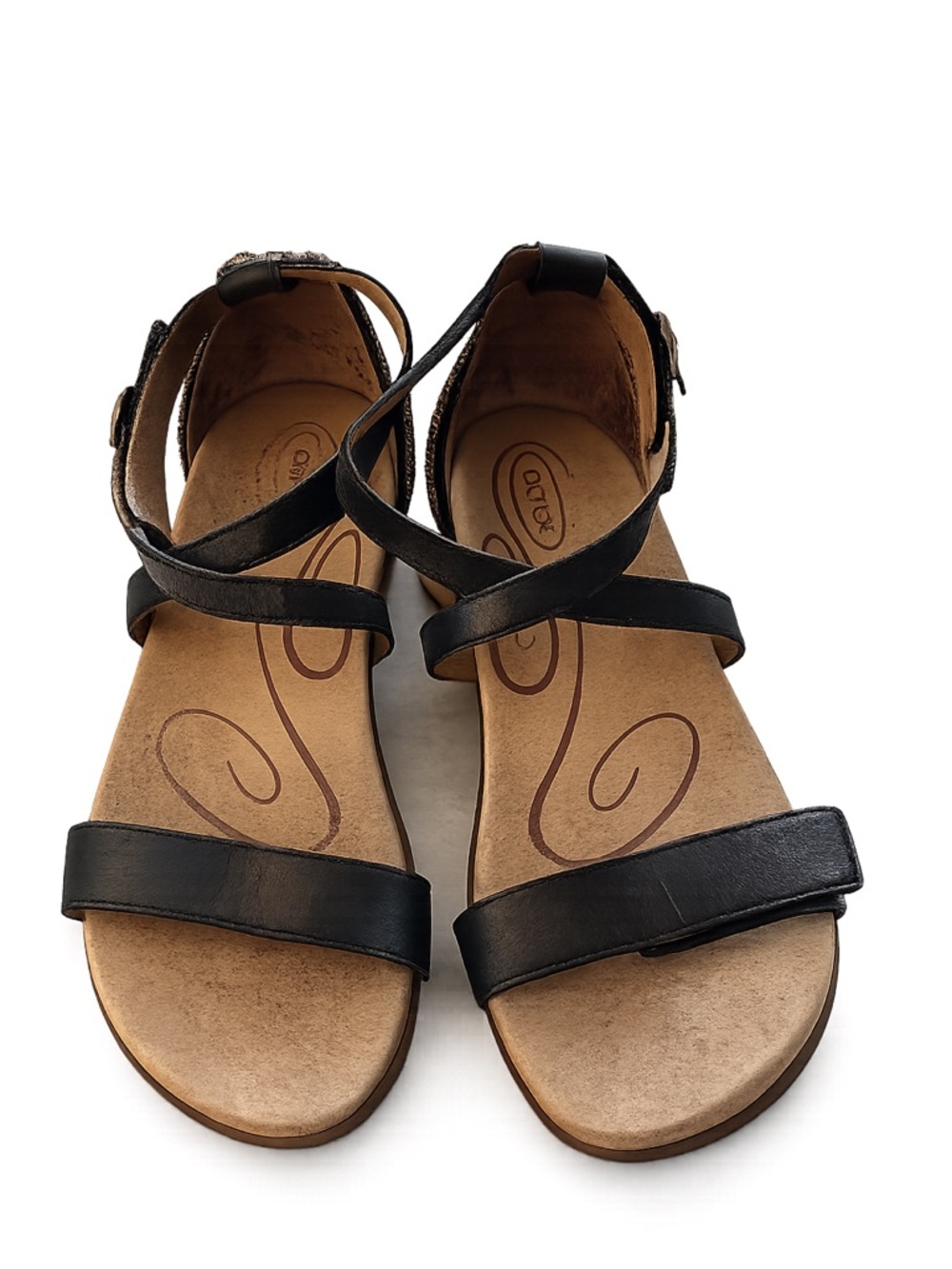 Aetrex Black Leather Sandals Arch Support Beaded Back Size 39 / 8.5